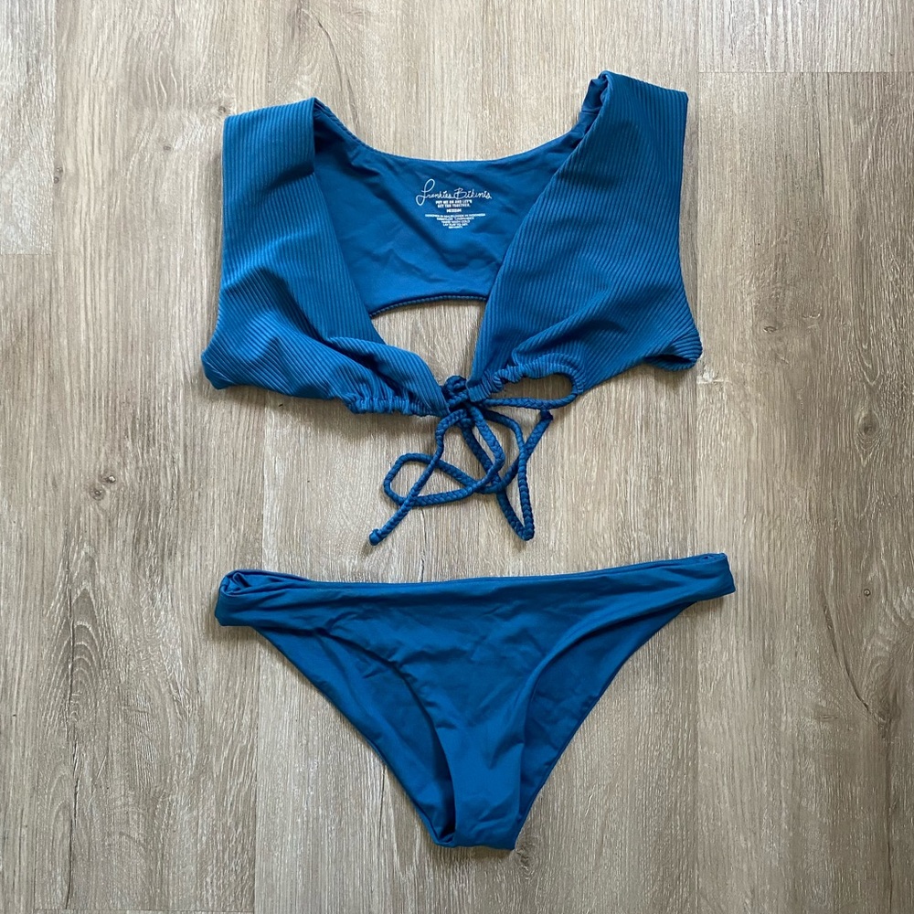 Frankie’s Bikinis Teal Ribbed Top Tie Front Cap Sleeve Two Piece Bikini